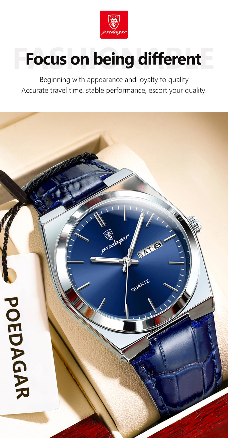 Relógio de pulso masculino de luxo POEDAGAR, moderno e elegante, à prova d'água, com data e dia da semana luminosos. Relógio masculino simples para negócios, de quartzo, com pulseira de couro.