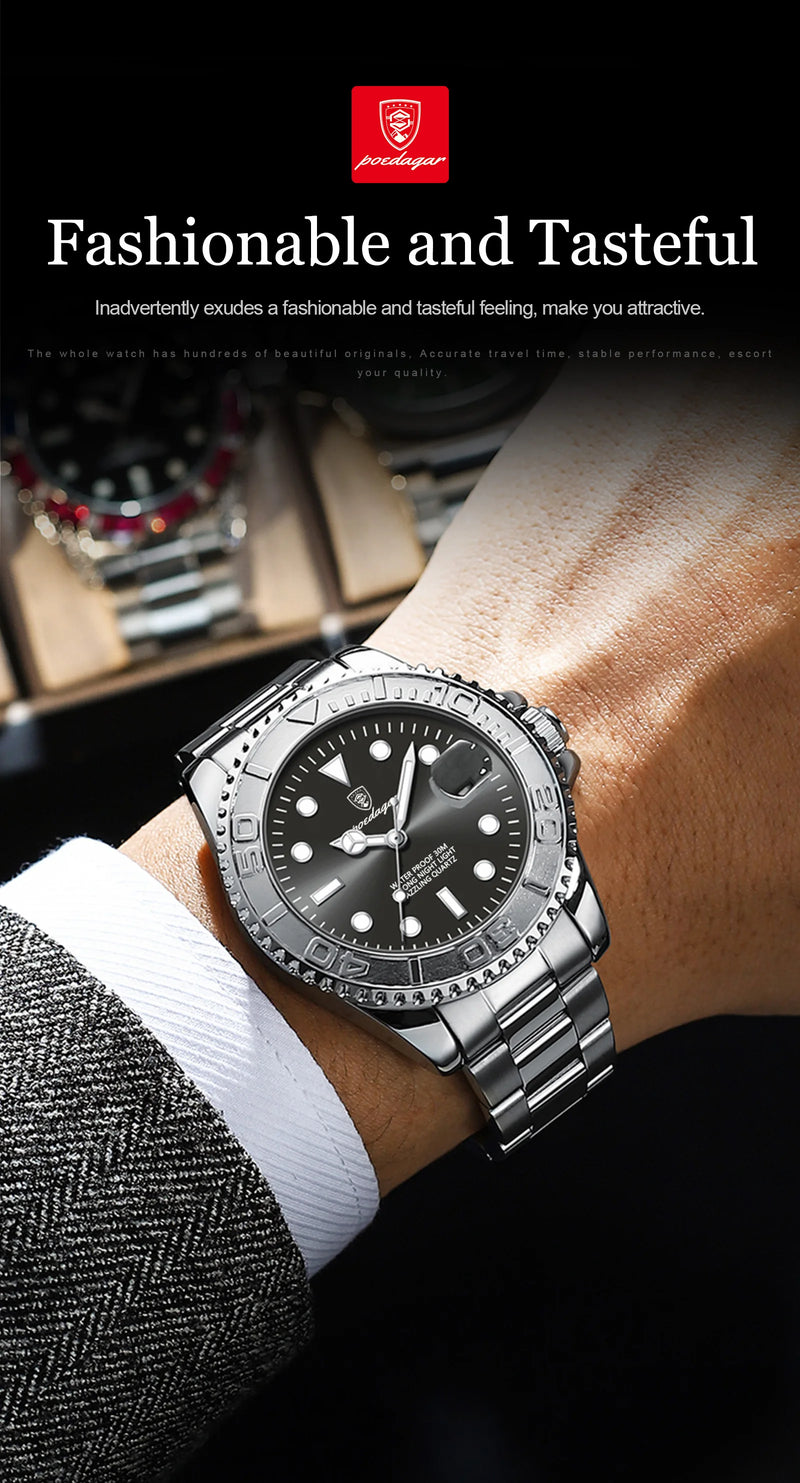 Relógio masculino de luxo POEDAGAR, à prova d'água, com data luminosa, em aço inoxidável, estilo esportivo e moderno, com mecanismo de quartzo.