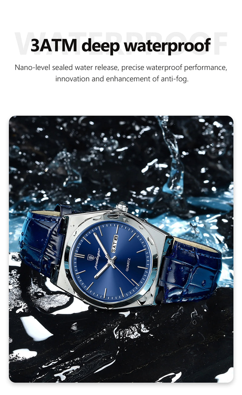 Relógio de pulso masculino de luxo POEDAGAR, moderno e elegante, à prova d'água, com data e dia da semana luminosos. Relógio masculino simples para negócios, de quartzo, com pulseira de couro.