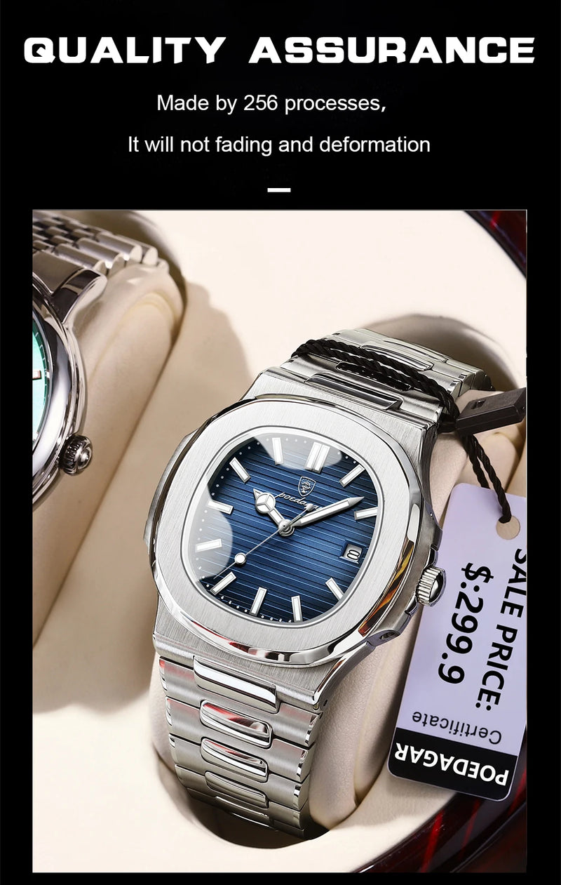 Relógio de pulso masculino de luxo POEDAGAR Square, à prova d'água, luminoso, com data, em aço inoxidável, relógio de quartzo para homens, ideal para negócios e esportes.