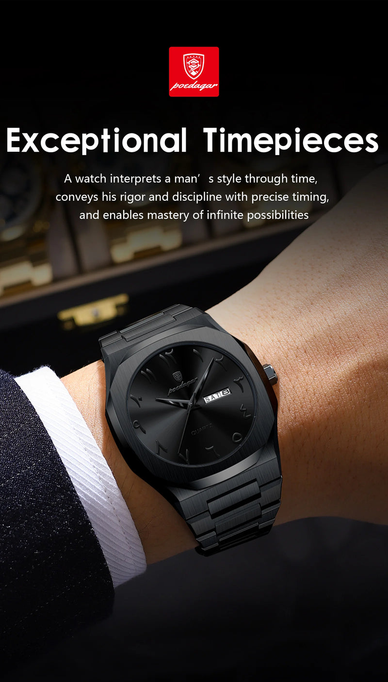 Relógio militar masculino POEDAGAR, à prova d'água, de luxo, com calendário semanal, quartzo, em aço inoxidável. Relógio de pulso masculino moderno.