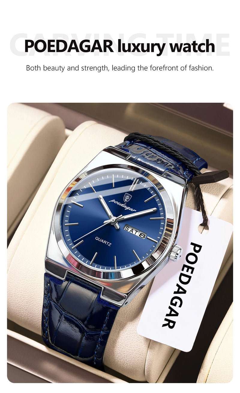 Relógio de pulso masculino de luxo POEDAGAR, moderno e elegante, à prova d'água, com data e dia da semana luminosos. Relógio masculino simples para negócios, de quartzo, com pulseira de couro.