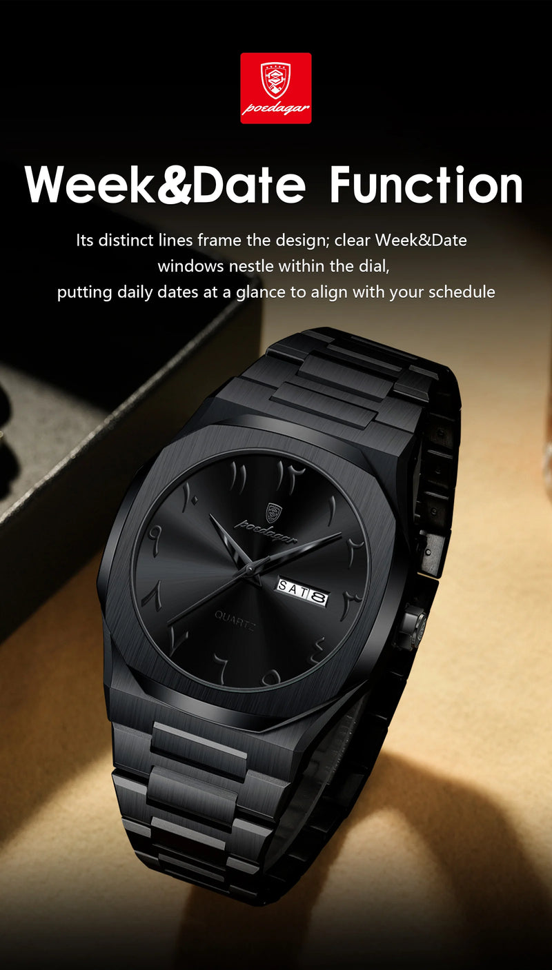 Relógio militar masculino POEDAGAR, à prova d'água, de luxo, com calendário semanal, quartzo, em aço inoxidável. Relógio de pulso masculino moderno.