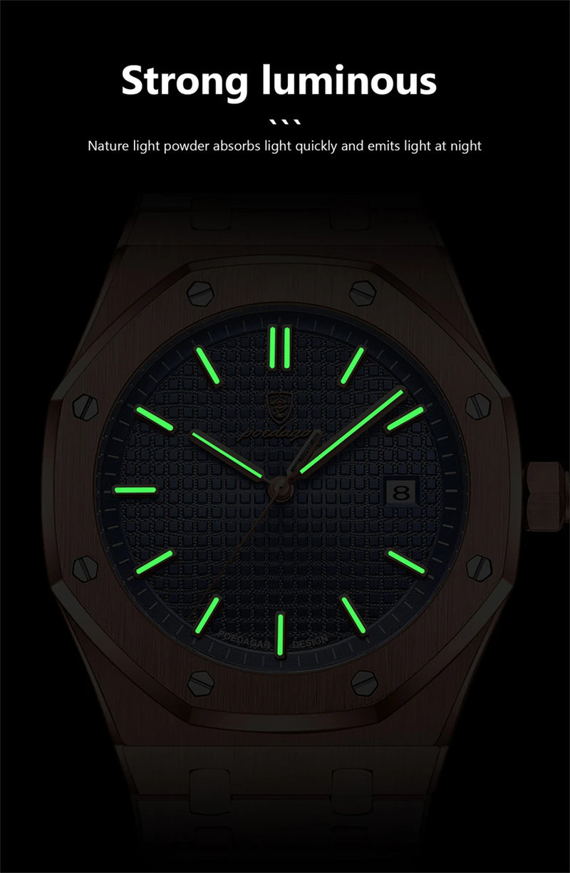 Relógio masculino de luxo original POEDAGAR, cronógrafo com data, aço inoxidável, quartzo, à prova d'água, luminoso, relógio de pulso masculino moderno