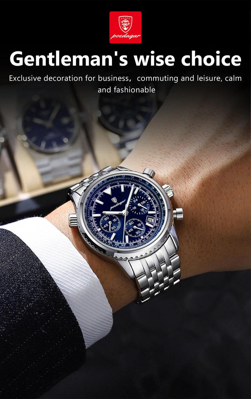 Relógio masculino esportivo de luxo POEDAGAR, cronógrafo, data, à prova d'água, luminoso, quartzo, aço inoxidável, relógio de pulso masculino moderno
