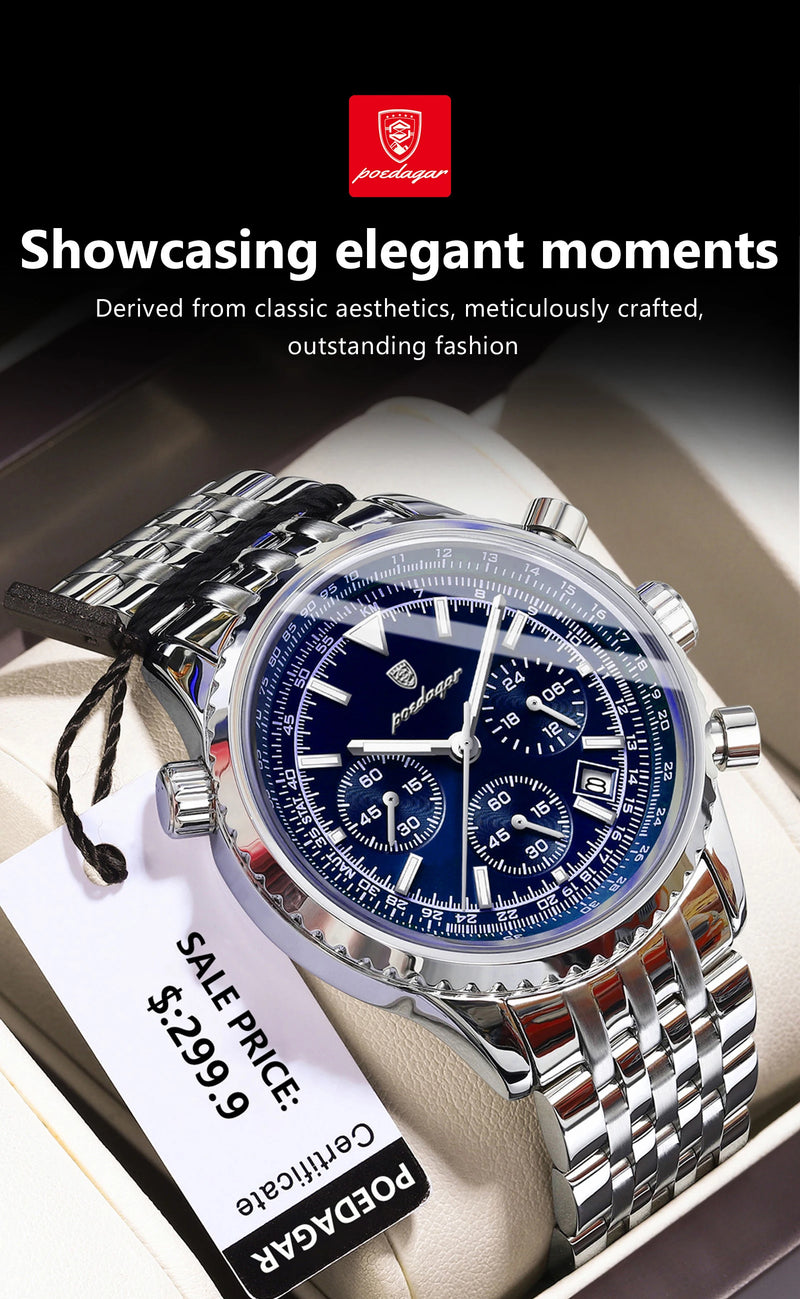 Relógio masculino esportivo de luxo POEDAGAR, cronógrafo, data, à prova d'água, luminoso, quartzo, aço inoxidável, relógio de pulso masculino moderno