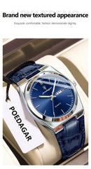 Relógio de pulso masculino de luxo POEDAGAR, moderno e elegante, à prova d'água, com data e dia da semana luminosos. Relógio masculino simples para negócios, de quartzo, com pulseira de couro.