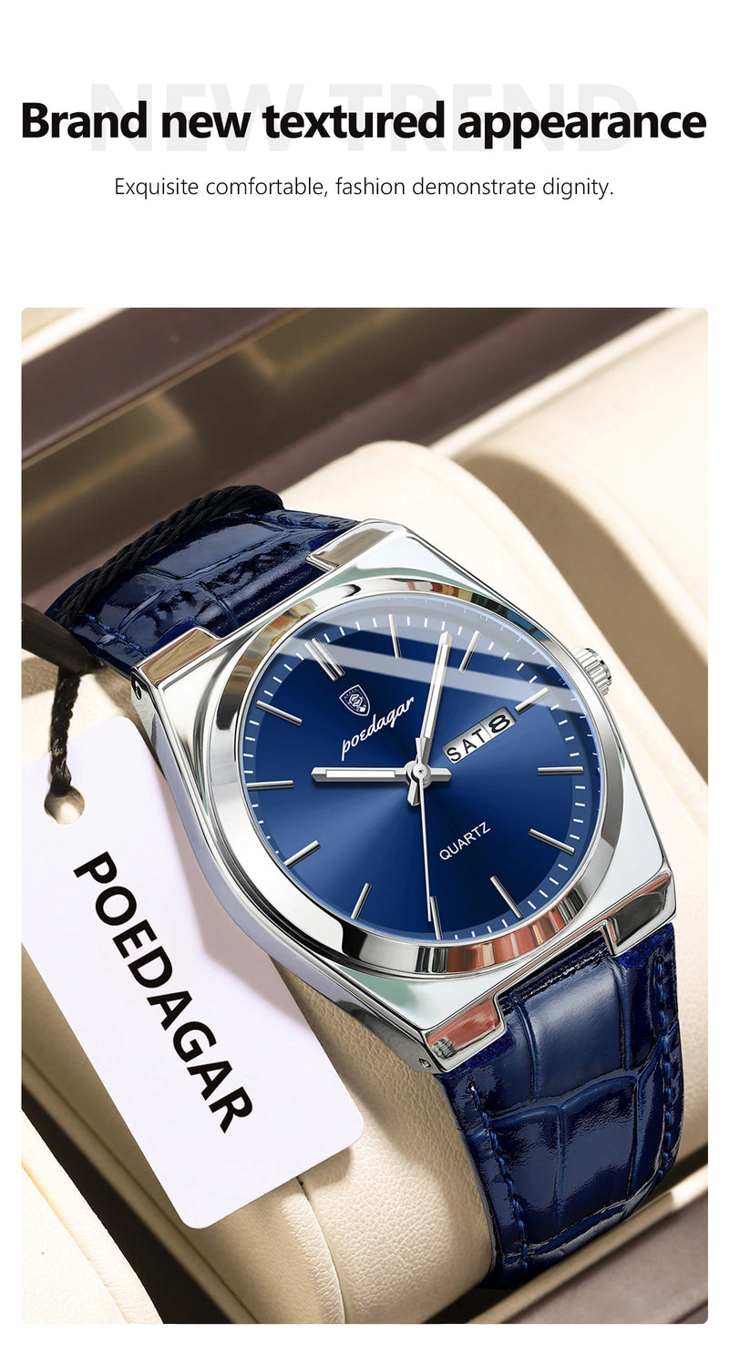 Relógio de pulso masculino de luxo POEDAGAR, moderno e elegante, à prova d'água, com data e dia da semana luminosos. Relógio masculino simples para negócios, de quartzo, com pulseira de couro.