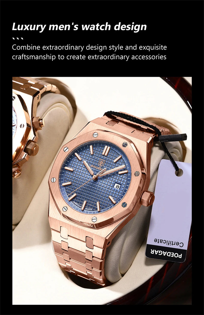 Relógio masculino de luxo original POEDAGAR, cronógrafo com data, aço inoxidável, quartzo, à prova d'água, luminoso, relógio de pulso masculino moderno