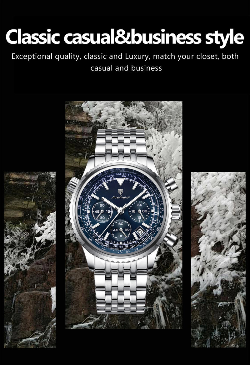 Relógio masculino esportivo de luxo POEDAGAR, cronógrafo, data, à prova d'água, luminoso, quartzo, aço inoxidável, relógio de pulso masculino moderno