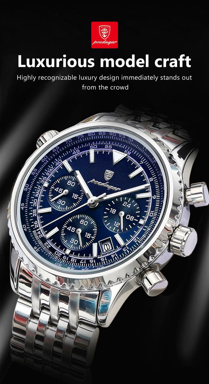 Relógio masculino esportivo de luxo POEDAGAR, cronógrafo, data, à prova d'água, luminoso, quartzo, aço inoxidável, relógio de pulso masculino moderno
