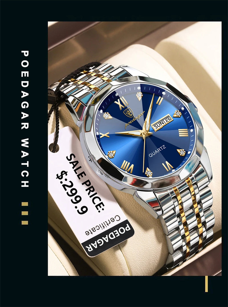 Relógio masculino de luxo POEDAGAR, à prova d'água, em aço inoxidável, com indicador de data e dia da semana, design moderno e elegante para negócios, com mecanismo de quartzo.
