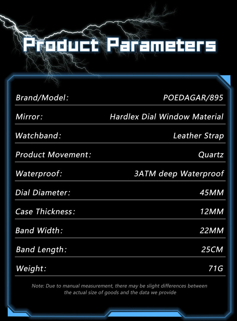 Relógio de pulso masculino POEDAGAR Original, de luxo, à prova d'água, com luz, data e dia da semana, para homens, quartzo, esportivo, com pulseira de couro.