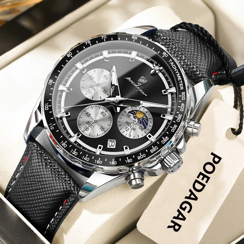 Relógio masculino POEDAGAR Original Fashion, luminoso, à prova d'água, cronógrafo, data, pulseira de couro, quartzo, esportivo.