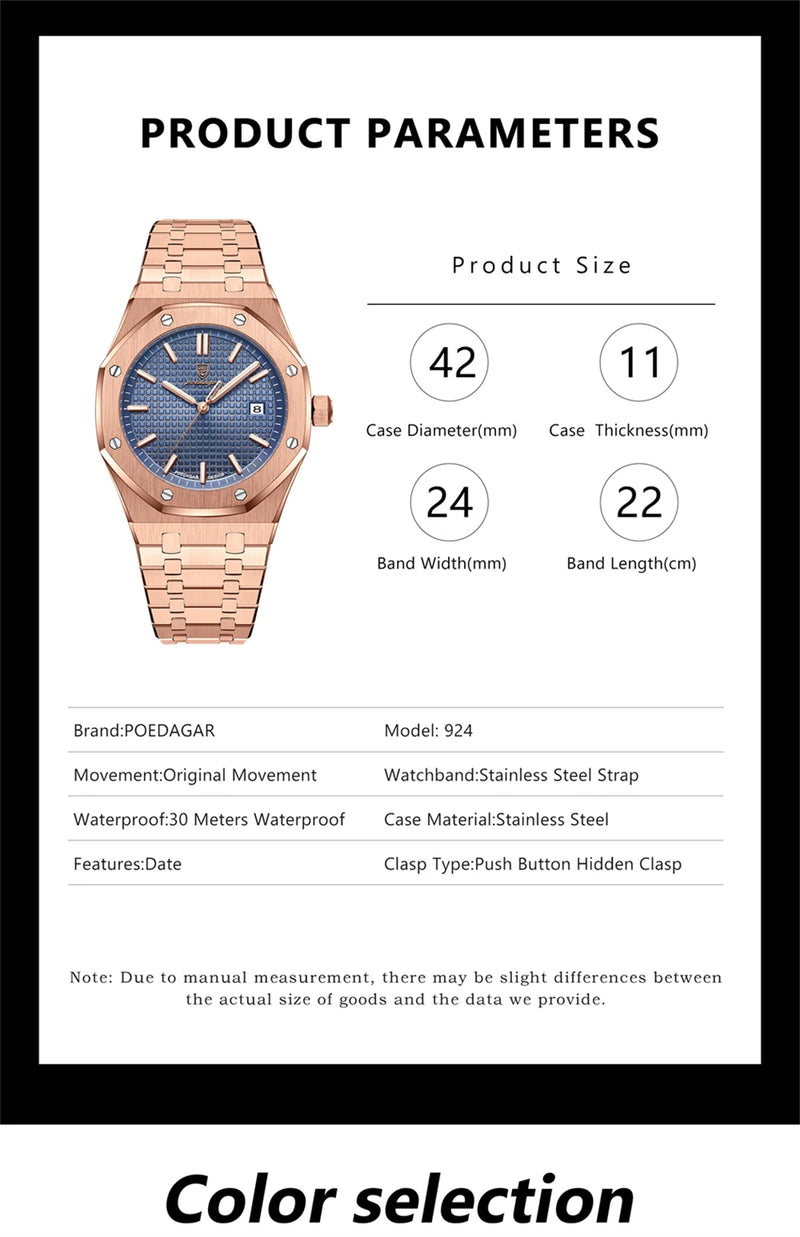 Relógio masculino de luxo original POEDAGAR, cronógrafo com data, aço inoxidável, quartzo, à prova d'água, luminoso, relógio de pulso masculino moderno