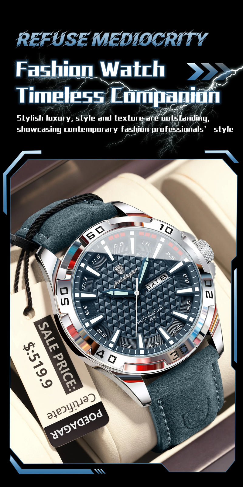 Relógio de pulso masculino POEDAGAR Original, de luxo, à prova d'água, com luz, data e dia da semana, para homens, quartzo, esportivo, com pulseira de couro.