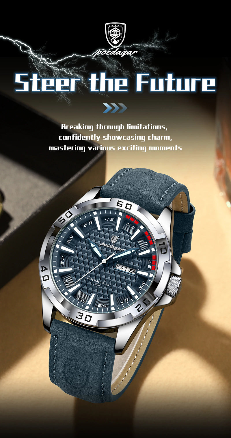 Relógio de pulso masculino POEDAGAR Original, de luxo, à prova d'água, com luz, data e dia da semana, para homens, quartzo, esportivo, com pulseira de couro.
