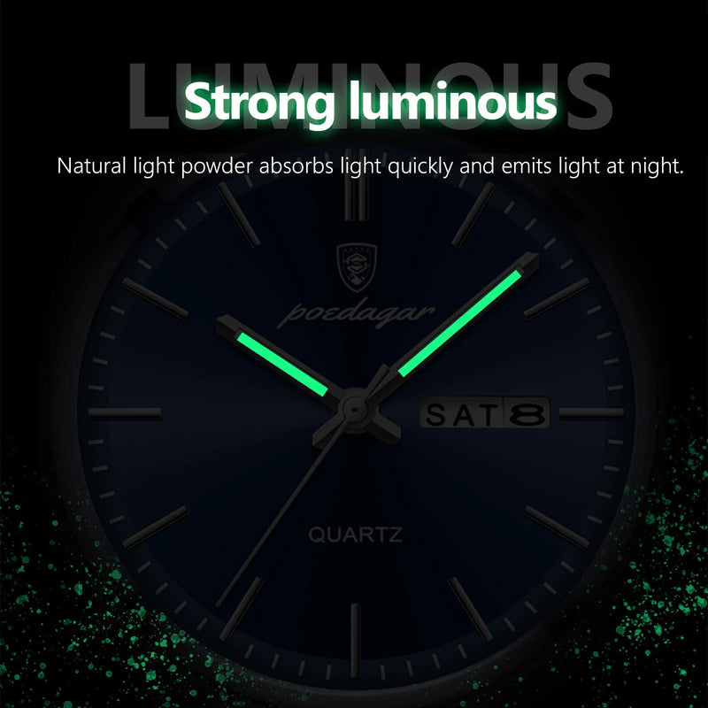 Relógio de pulso masculino de luxo POEDAGAR, moderno e elegante, à prova d'água, com data e dia da semana luminosos. Relógio masculino simples para negócios, de quartzo, com pulseira de couro.