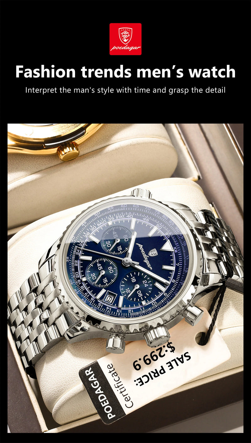 Relógio masculino esportivo de luxo POEDAGAR, cronógrafo, data, à prova d'água, luminoso, quartzo, aço inoxidável, relógio de pulso masculino moderno