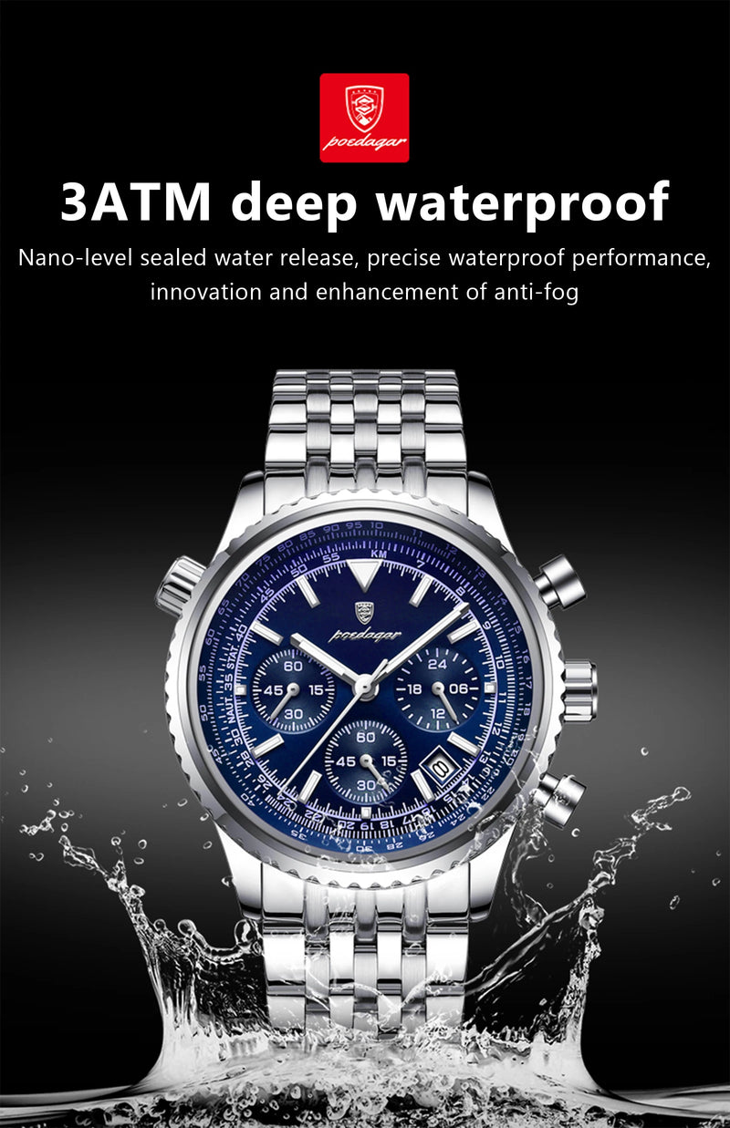 Relógio masculino esportivo de luxo POEDAGAR, cronógrafo, data, à prova d'água, luminoso, quartzo, aço inoxidável, relógio de pulso masculino moderno