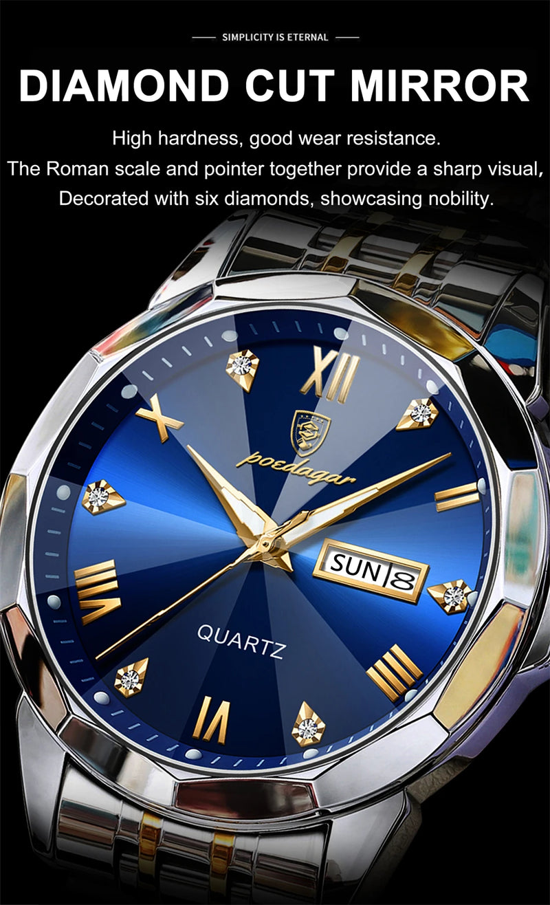 Relógio masculino de luxo POEDAGAR, à prova d'água, em aço inoxidável, com indicador de data e dia da semana, design moderno e elegante para negócios, com mecanismo de quartzo.