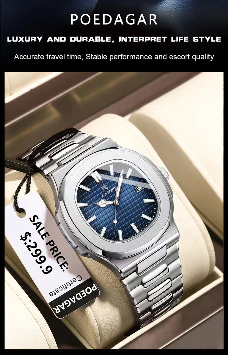 Relógio masculino de luxo POEDAGAR, resistente à água até 50 ATM, com data luminosa, em aço inoxidável, formato quadrado e mecanismo de quartzo.