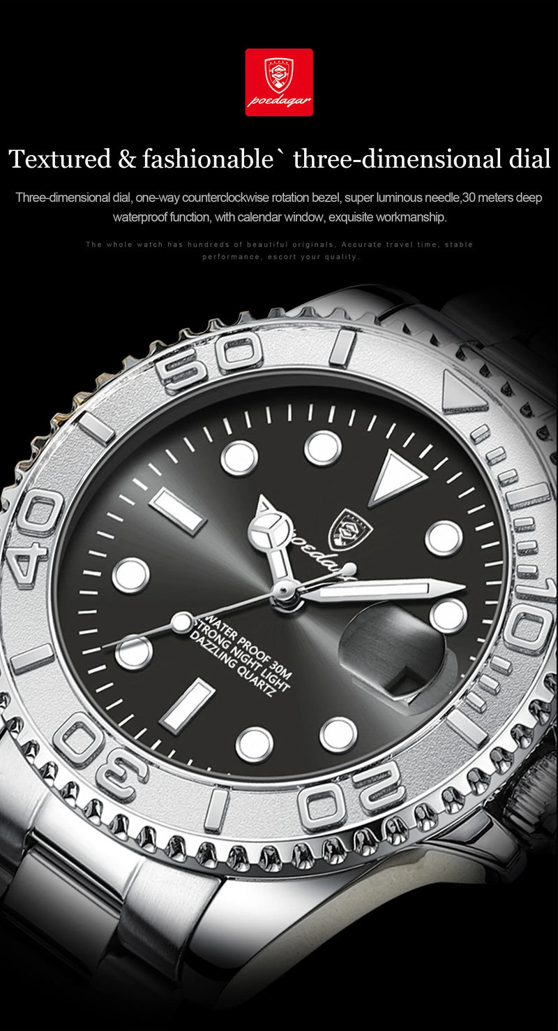 Relógio masculino de luxo POEDAGAR, à prova d'água, com data luminosa, em aço inoxidável, estilo esportivo e moderno, com mecanismo de quartzo.