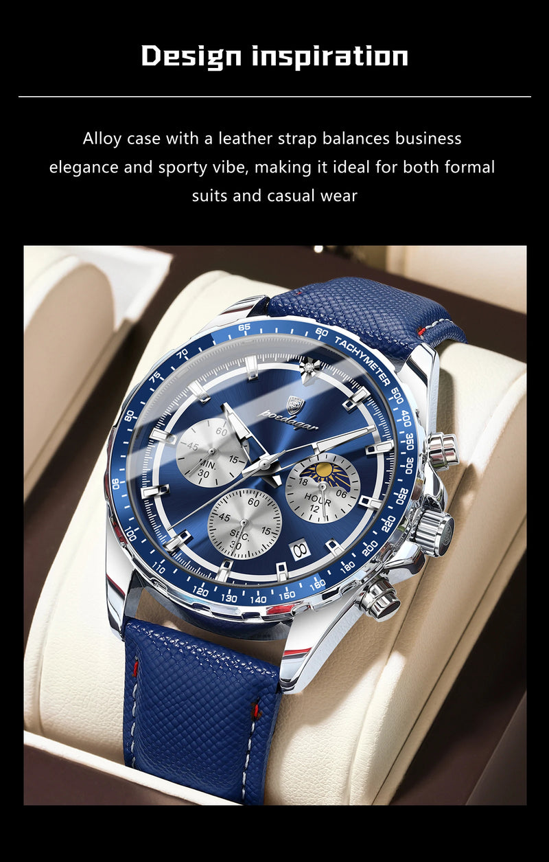 Relógio masculino POEDAGAR Original Fashion, luminoso, à prova d'água, cronógrafo, data, pulseira de couro, quartzo, esportivo.