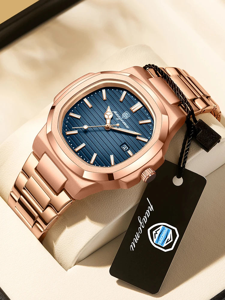 Relógio de quartzo masculino de luxo POEDAGAR - Relógio de alta qualidade em aço inoxidável à prova d'água com exibição de data e dia da semana + caixa