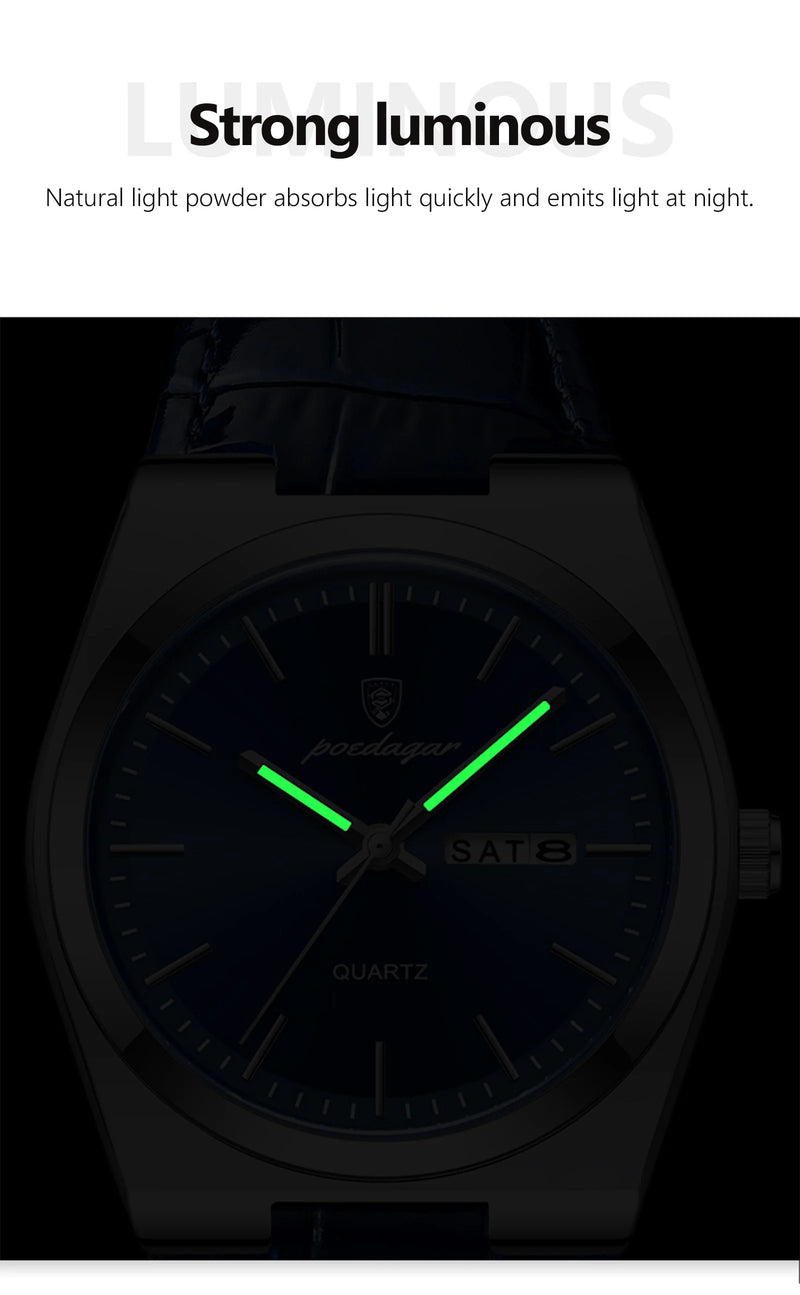 Relógio de pulso masculino de luxo POEDAGAR, moderno e elegante, à prova d'água, com data e dia da semana luminosos. Relógio masculino simples para negócios, de quartzo, com pulseira de couro.
