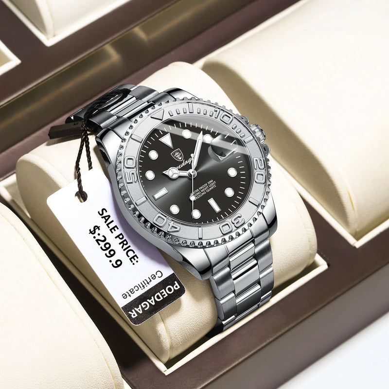 Relógio masculino de luxo POEDAGAR, à prova d'água, com data luminosa, em aço inoxidável, estilo esportivo e moderno, com mecanismo de quartzo.