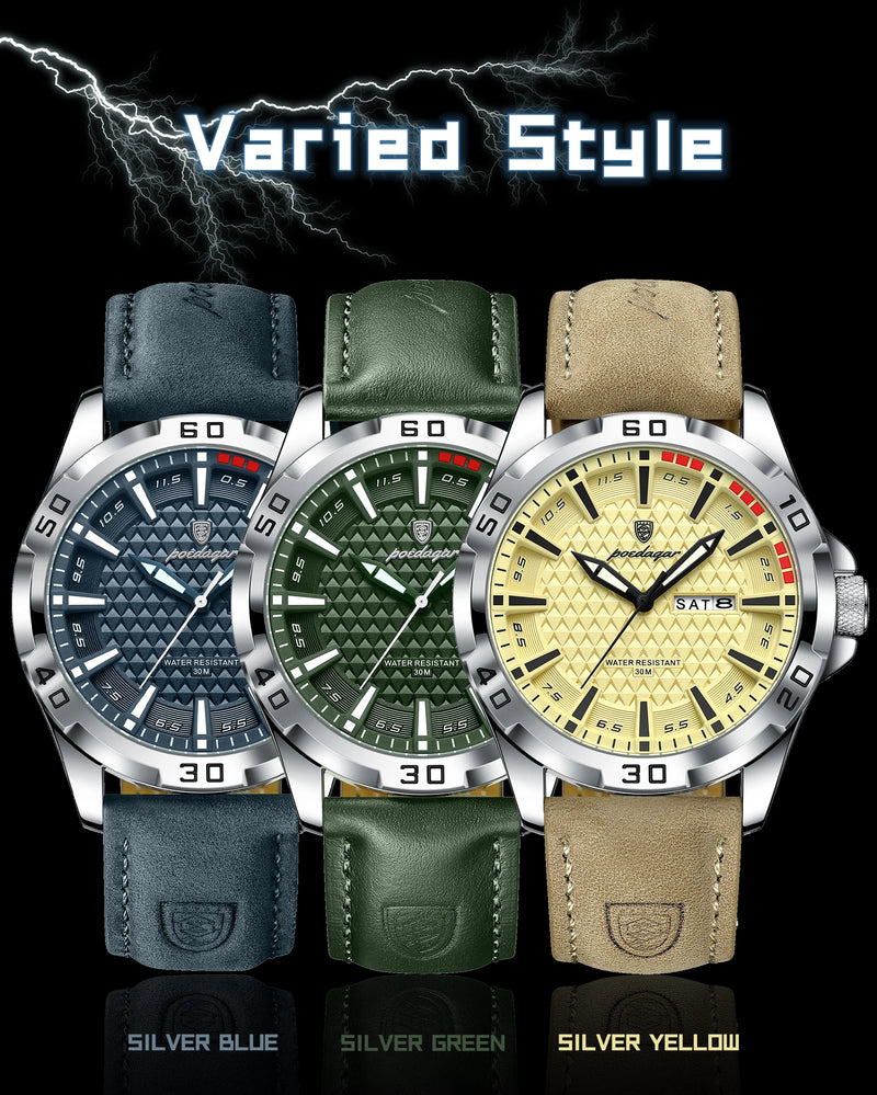 Relógio de pulso masculino POEDAGAR Original, de luxo, à prova d'água, com luz, data e dia da semana, para homens, quartzo, esportivo, com pulseira de couro.