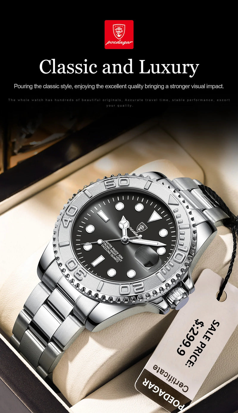 Relógio masculino de luxo POEDAGAR, à prova d'água, com data luminosa, em aço inoxidável, estilo esportivo e moderno, com mecanismo de quartzo.