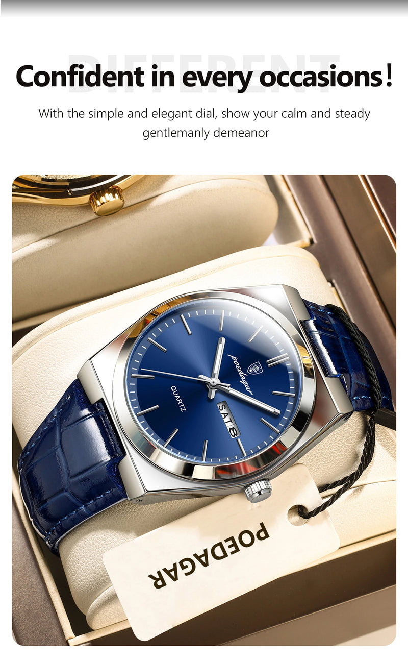 Relógio de pulso masculino de luxo POEDAGAR, moderno e elegante, à prova d'água, com data e dia da semana luminosos. Relógio masculino simples para negócios, de quartzo, com pulseira de couro.