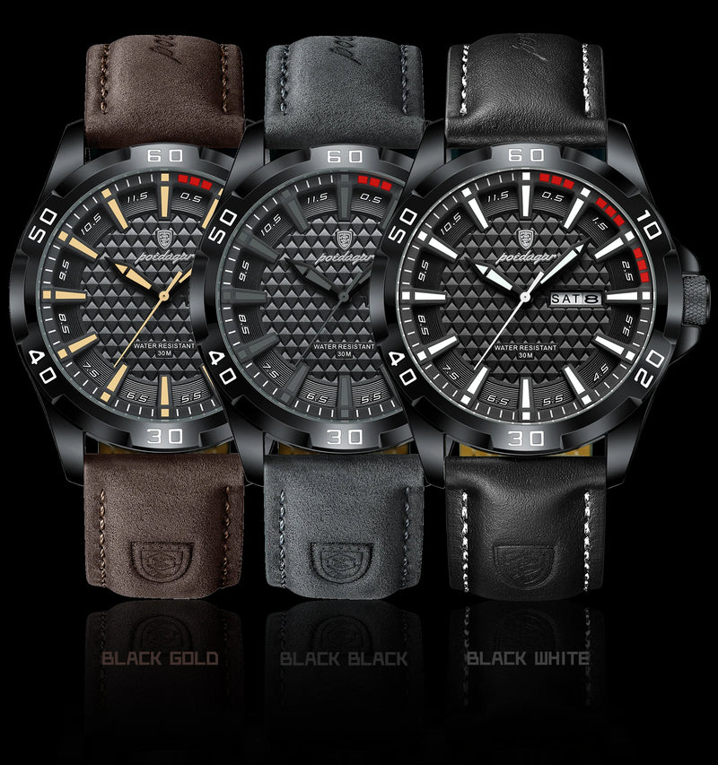 Relógio de pulso masculino POEDAGAR Original, de luxo, à prova d'água, com luz, data e dia da semana, para homens, quartzo, esportivo, com pulseira de couro.