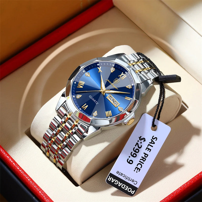 Relógio masculino de luxo POEDAGAR, à prova d'água, em aço inoxidável, com indicador de data e dia da semana, design moderno e elegante para negócios, com mecanismo de quartzo.