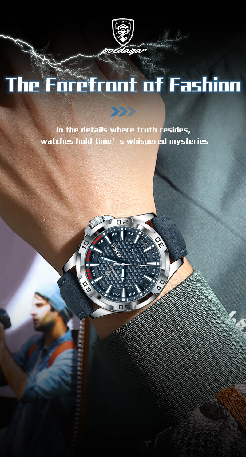 Relógio de pulso masculino POEDAGAR Original, de luxo, à prova d'água, com luz, data e dia da semana, para homens, quartzo, esportivo, com pulseira de couro.