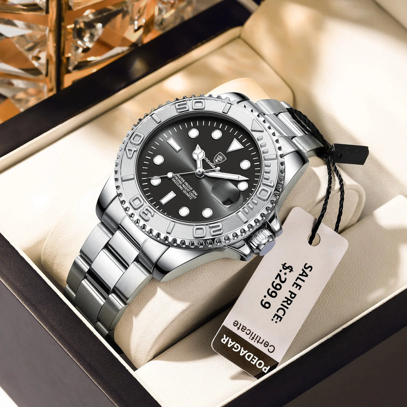 Relógio masculino de luxo POEDAGAR, à prova d'água, com data luminosa, em aço inoxidável, estilo esportivo e moderno, com mecanismo de quartzo.