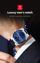 Relógio de pulso masculino de luxo POEDAGAR, moderno e elegante, à prova d'água, com data e dia da semana luminosos. Relógio masculino simples para negócios, de quartzo, com pulseira de couro.