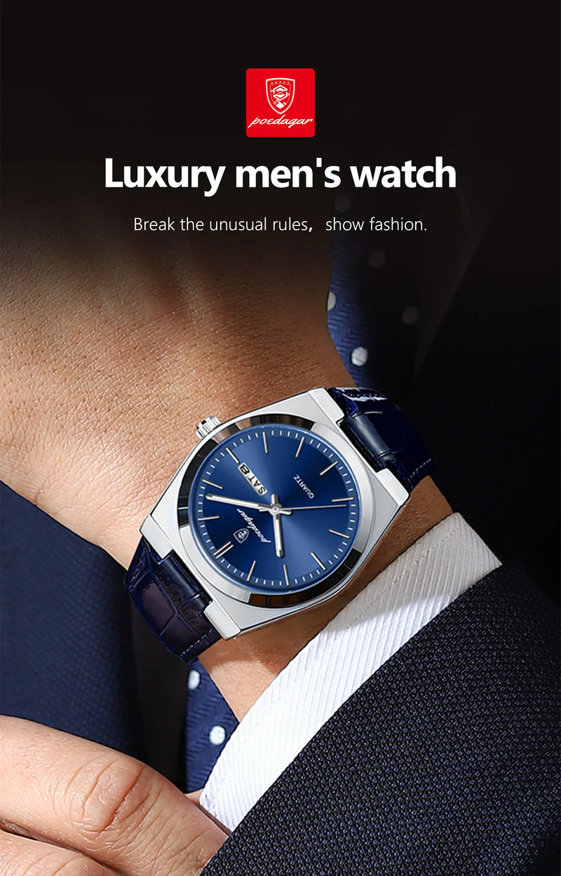 Relógio de pulso masculino de luxo POEDAGAR, moderno e elegante, à prova d'água, com data e dia da semana luminosos. Relógio masculino simples para negócios, de quartzo, com pulseira de couro.
