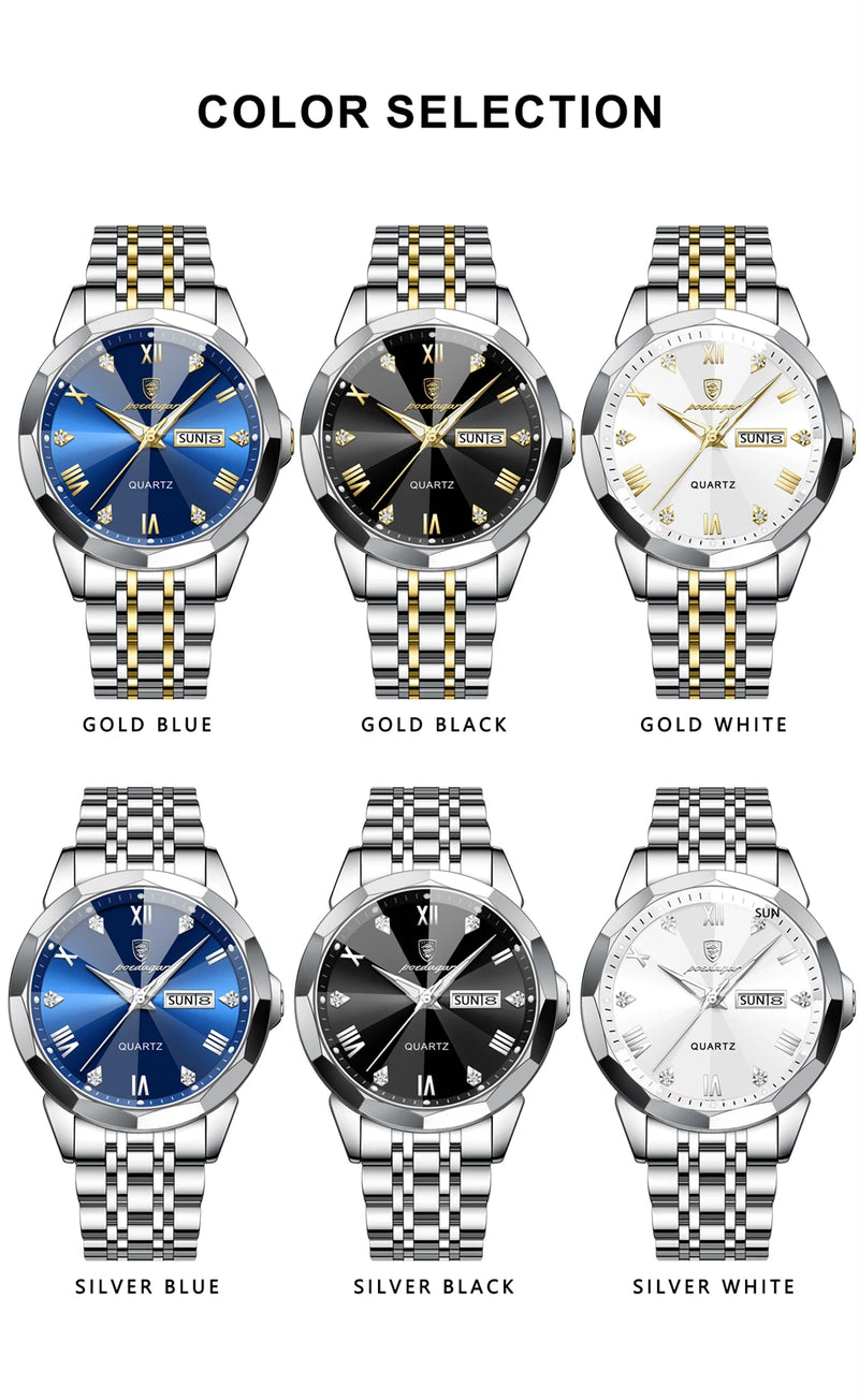 Relógio masculino de luxo POEDAGAR, à prova d'água, em aço inoxidável, com indicador de data e dia da semana, design moderno e elegante para negócios, com mecanismo de quartzo.