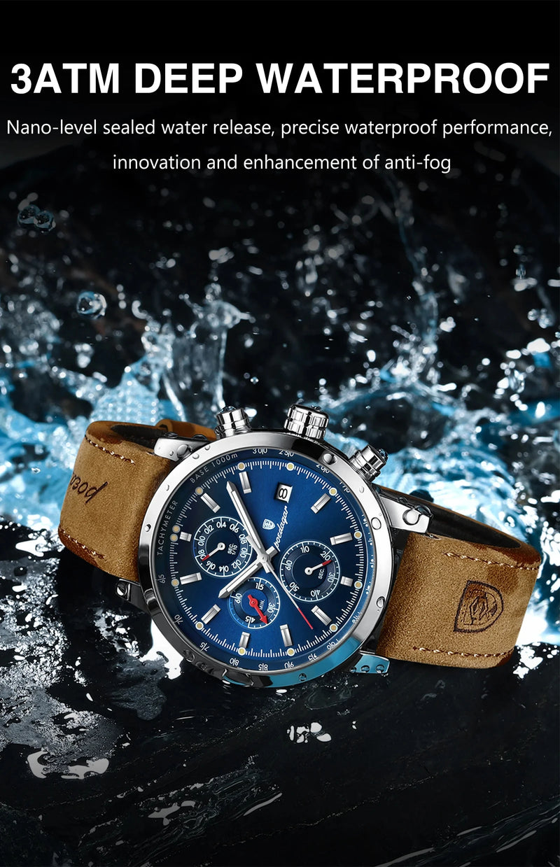 Relógio de pulso masculino POEDAGAR, de luxo, esportivo, à prova d'água, cronógrafo, luminoso, com data, em couro, para negócios.