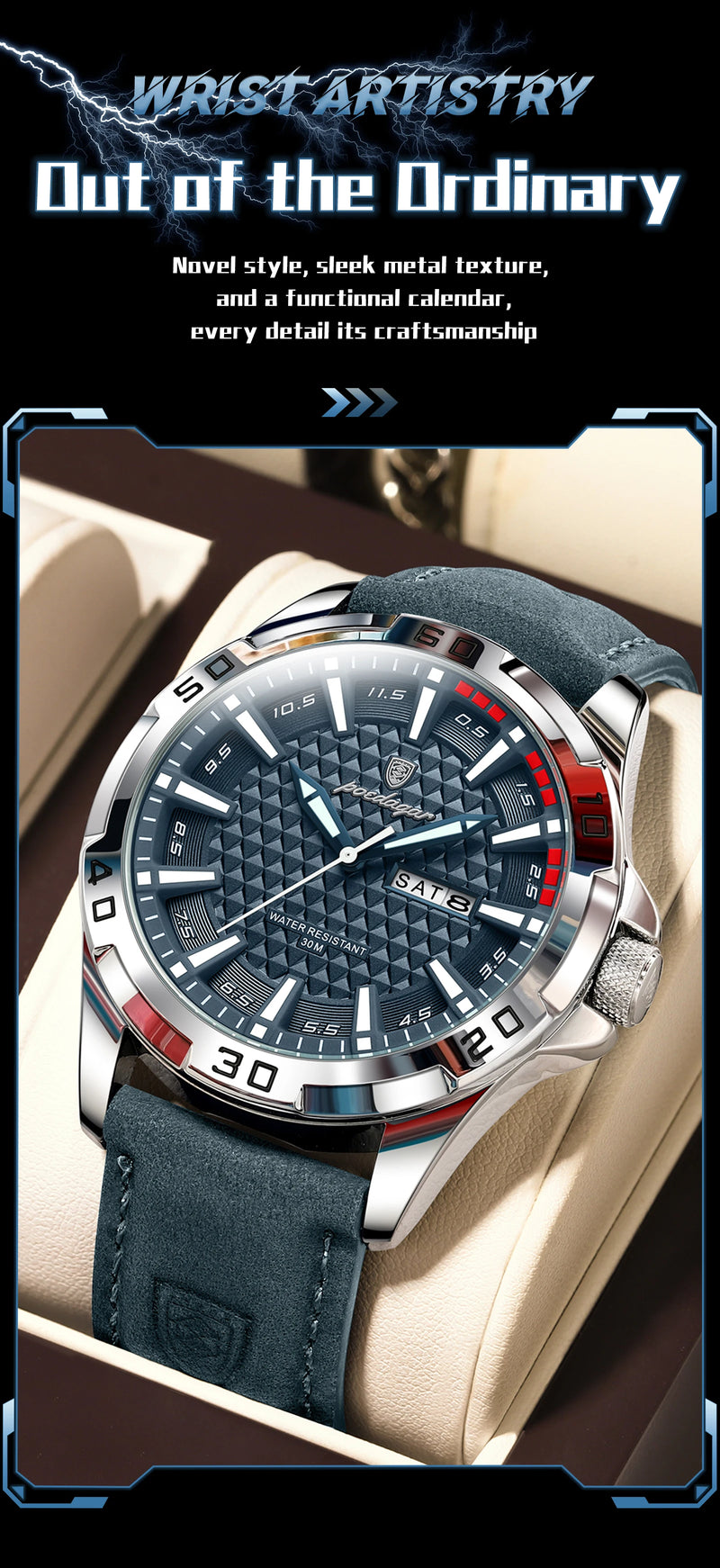 Relógio de pulso masculino POEDAGAR Original, de luxo, à prova d'água, com luz, data e dia da semana, para homens, quartzo, esportivo, com pulseira de couro.