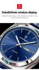 Relógio de pulso masculino de luxo POEDAGAR, moderno e elegante, à prova d'água, com data e dia da semana luminosos. Relógio masculino simples para negócios, de quartzo, com pulseira de couro.