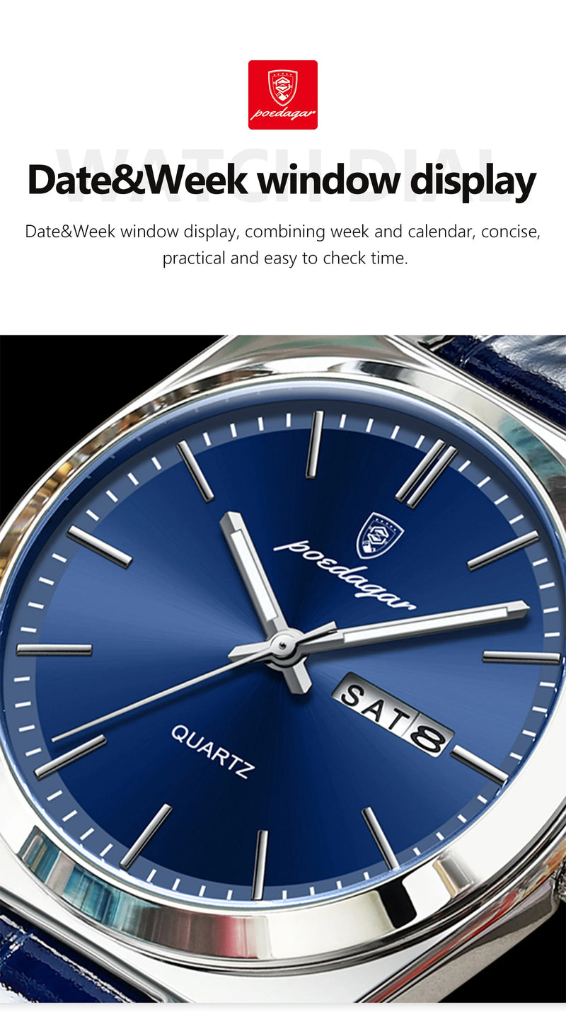 Relógio de pulso masculino de luxo POEDAGAR, moderno e elegante, à prova d'água, com data e dia da semana luminosos. Relógio masculino simples para negócios, de quartzo, com pulseira de couro.