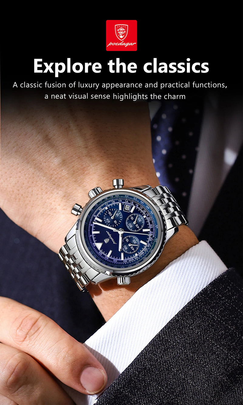 Relógio masculino esportivo de luxo POEDAGAR, cronógrafo, data, à prova d'água, luminoso, quartzo, aço inoxidável, relógio de pulso masculino moderno
