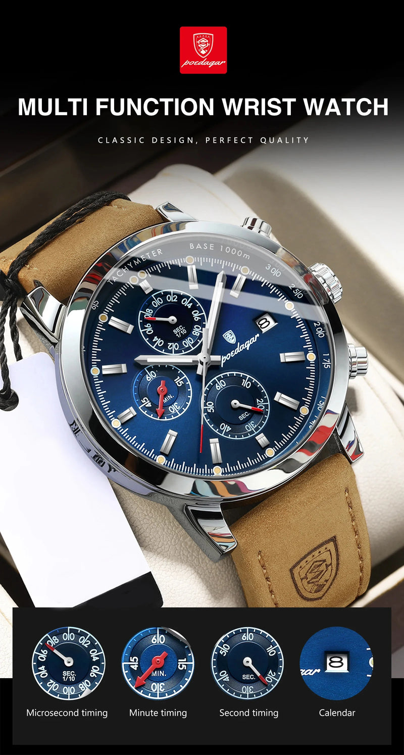 Relógio de pulso masculino POEDAGAR, de luxo, esportivo, à prova d'água, cronógrafo, luminoso, com data, em couro, para negócios.