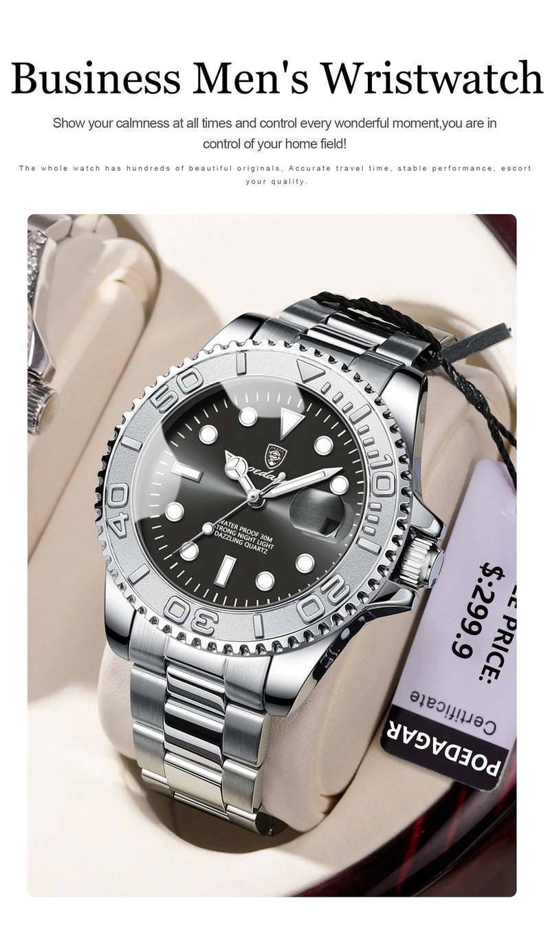 Relógio masculino de luxo POEDAGAR, à prova d'água, com data luminosa, em aço inoxidável, estilo esportivo e moderno, com mecanismo de quartzo.