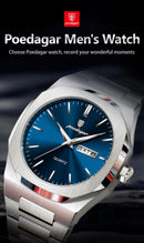 Relógio de pulso masculino POEDAGAR Fashion, luminoso, à prova d'água, em aço inoxidável, com data, dia da semana e movimento de quartzo, ideal para negócios.