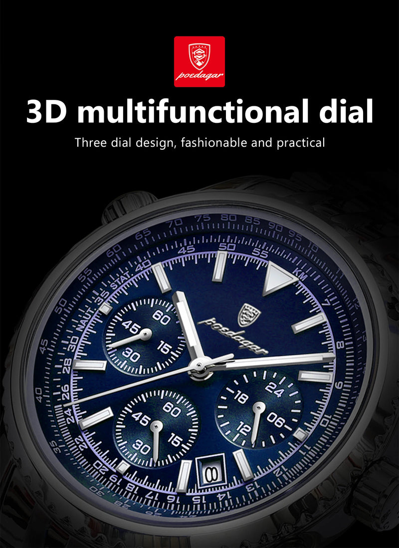 Relógio masculino esportivo de luxo POEDAGAR, cronógrafo, data, à prova d'água, luminoso, quartzo, aço inoxidável, relógio de pulso masculino moderno